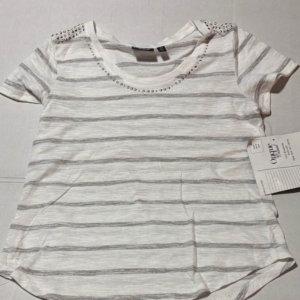 Onque Casuals White and Gray Striped Top with Studded Detail